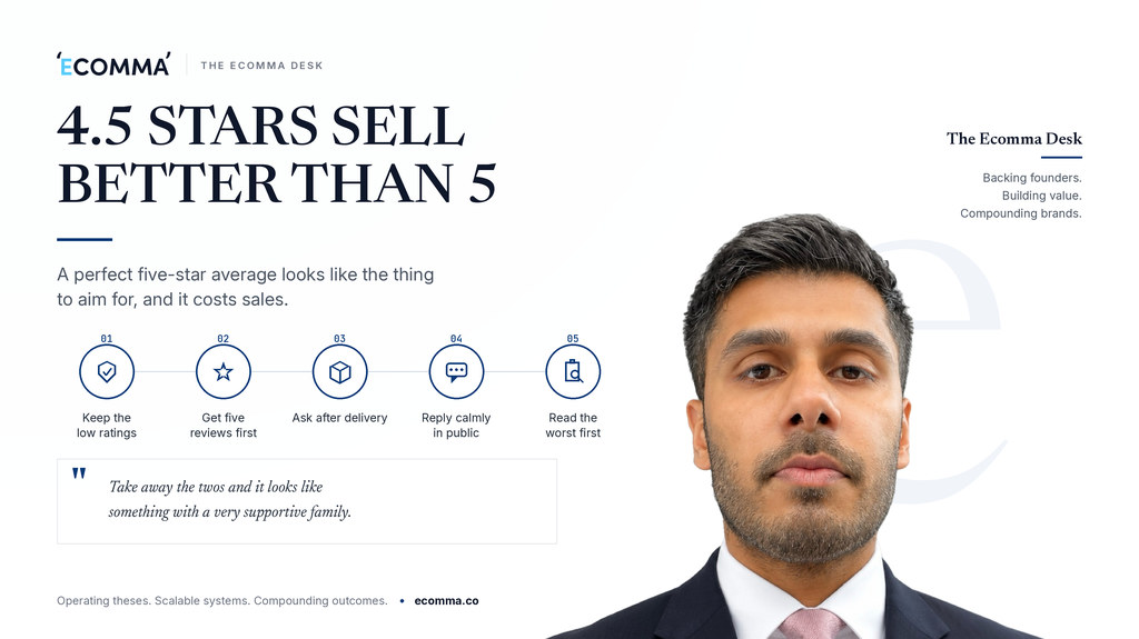 Desk banner reading 4.5 stars sell better than 5, with a photo of Raman Bassan