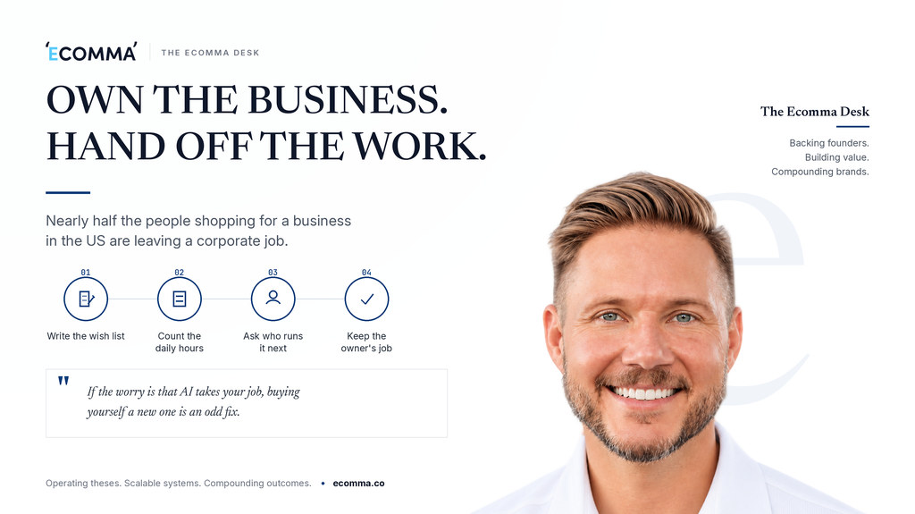Desk banner reading own the business, hand off the work, with a photo of Ryan Peterson